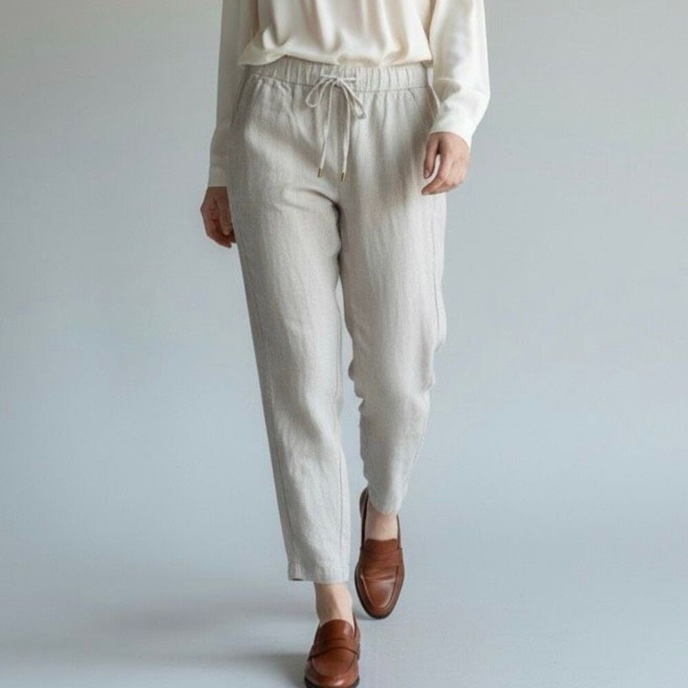 Ellen Tracy M Khaki Cream Tan Linen Pants Boho Professional Coastal Preppy Retro